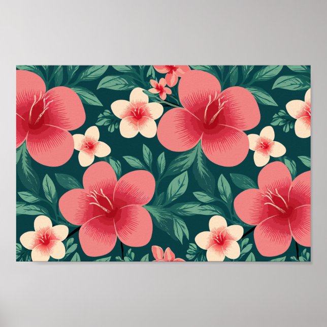 Tropisk Blommigt med Red och Cream Hibiscus Poster (Framsidan)