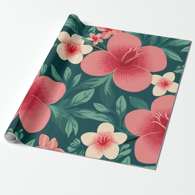 Tropisk Blommigt med Red och Cream Hibiscus Presentpapper (Utrullad)