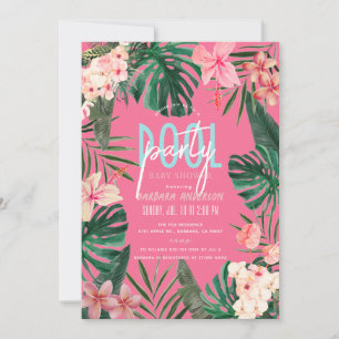 Tropisk Blommigt Nyon Rosa Girl Baby Shower Inbjudningar