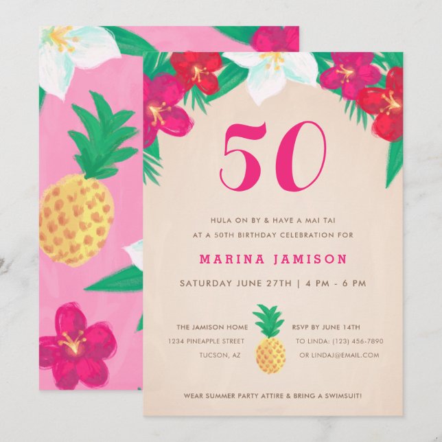 Tropisk Blommigt och ananas 50:e Födelsedagsfesten Inbjudningar (Fram/baksida)