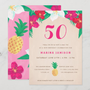 Tropisk Blommigt och ananas 50:e Födelsedagsfesten Inbjudningar