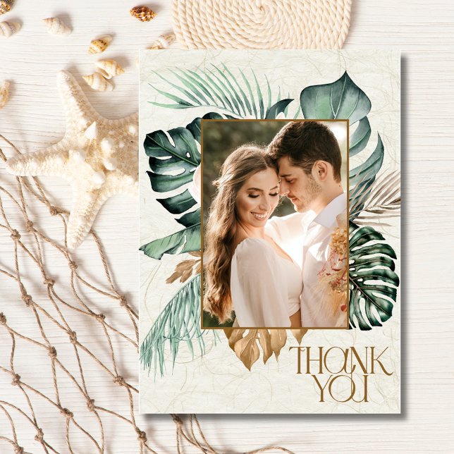 Tropisk Blommigt Photo Beach Wedding Tack Kort (Tropical Floral Photo Beach Wedding Thank You Card)