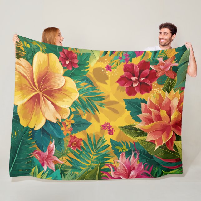 Tropisk Blommigt, Radianta Blommar och Lush Foliag Fleecefilt (På plats)