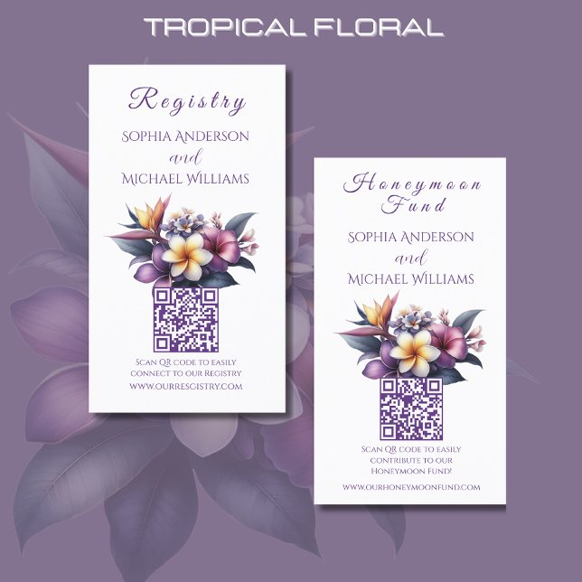 Tropisk Blommigt - Registry-Honeymoon Visitkort (Tropical Floral Registry and Honeymoon Fund Card-Beach Wedding-Coastal-Purple)
