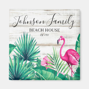 Tropisk Blommigt Rosa Flamingo Family Namn Beach Magnet