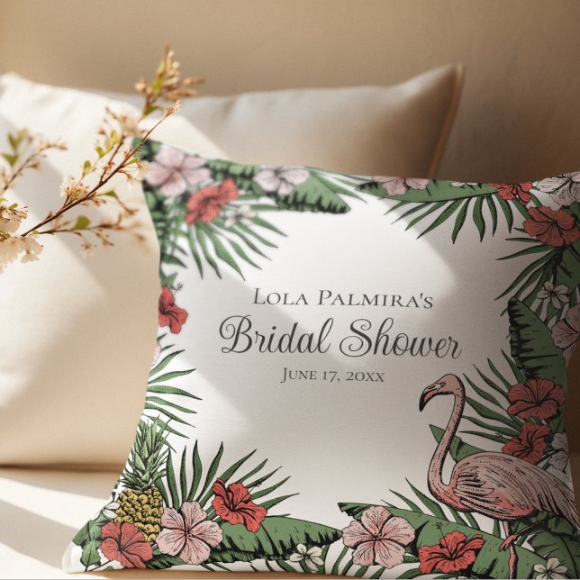 Tropisk Blommigt Rosa Flamingo Möhippa Kudde (Elegant Hawaiian Bridal Shower  Design. Hand-Drawn Tropical Hibiscus Flowers, Flamingo, Pineapple)