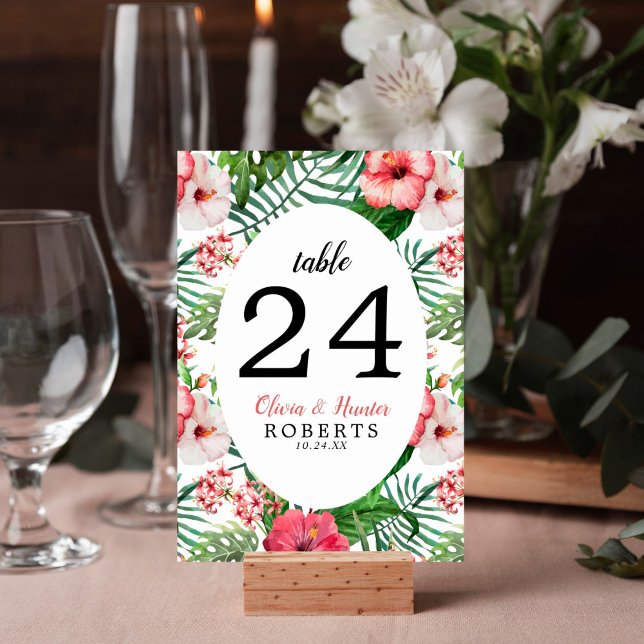 Tropisk Blommigt Rosa Hibiscus Grönt Handflatan Br Bordsnummer (Tropical floral beach design on this table number card is perfect for your wedding reception decor.)