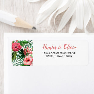 Tropisk Blommigt Rosa Hibiscus Grönt Handflatan Br Returadress Etikett
