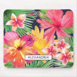 Tropisk Blommigt Rosa Hibiscus Plumeria Navy Anpas Musmatta