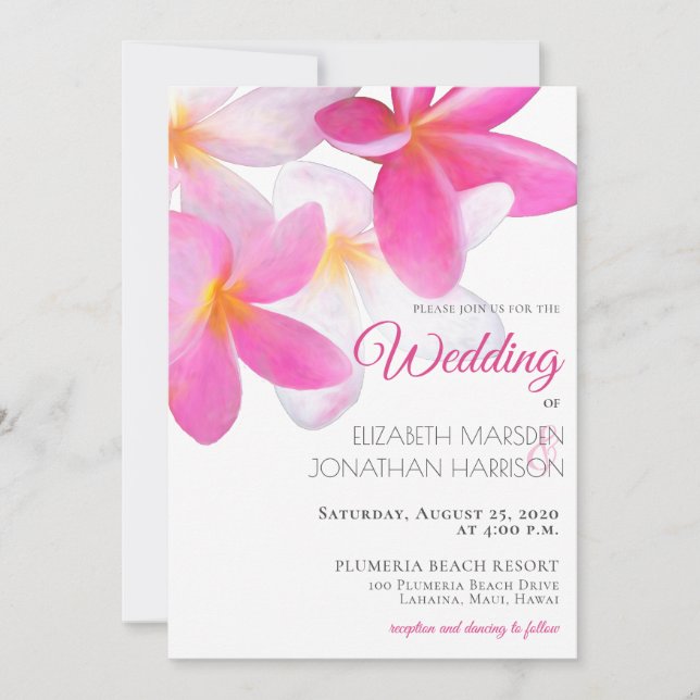 Tropisk Blommigt Rosa Plumeria Hawaii Beach Weddin Inbjudningar (Framsida)