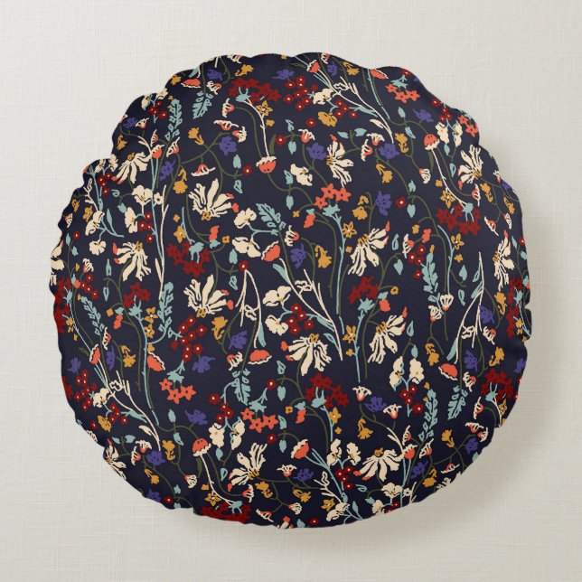 Tropisk Blommigt: Slumpmässig botanisk Vintage. Rund Kudde (Framsidan)