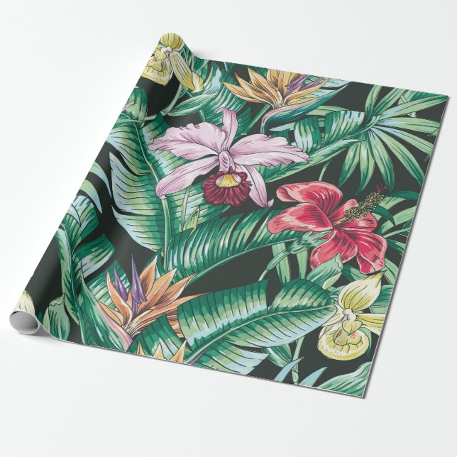 Tropisk blommigt sömlös mönster med exotisk flowe presentpapper (Utrullad)