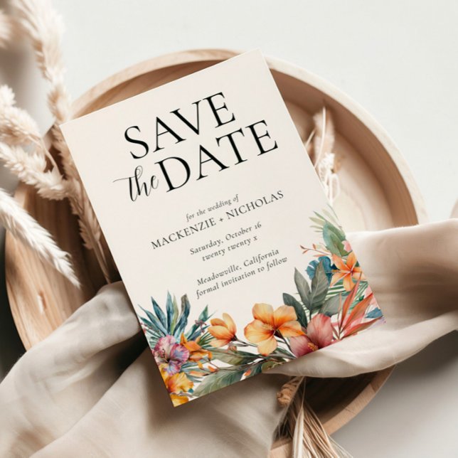 Tropisk Blommigt Spara datum Inbjudningar (tropical wedding save the date white)