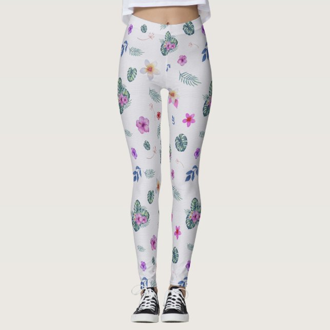Tropisk Blommigt Vattenfärg Mönster Leggings (Framsida)