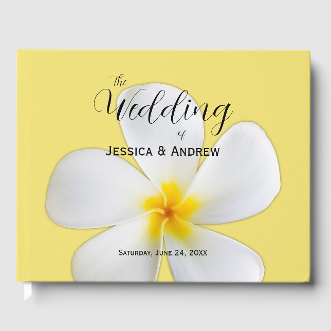 Tropisk Blommigt, Vit plumeria på Gult, Bröllop Gästböcker (Framsida)