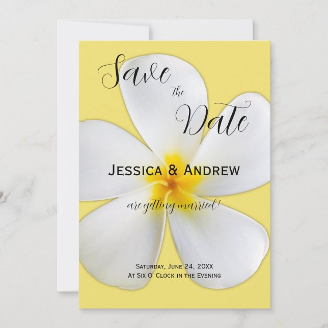 Tropisk Blommigt, Vit plumeria på Gult, Bröllop Spara Datumet (Framsida)
