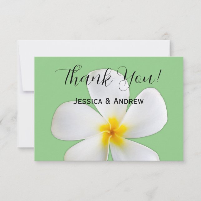 Tropisk Blommigt, vit plumeria på Sage, Bröllop Tack Kort (Framsida)