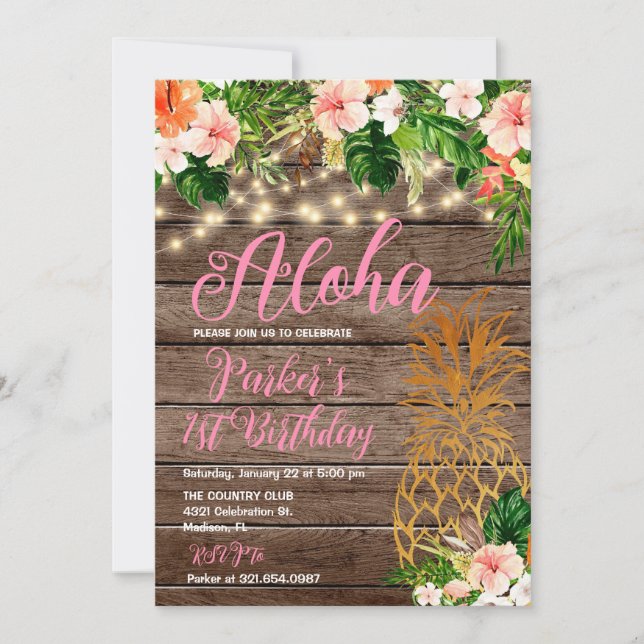 Tropisk Blommigt Wood Aloha Pineapple Birthday Inbjudningar (Framsida)