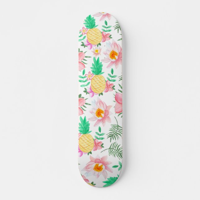 Tropisk blommönster för modern sommarrosagult old school skateboard bräda 21,6 cm (Framsida)