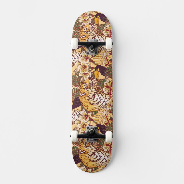 Tropisk blommönster med tigern skateboard bräda 20 cm (Framsida)