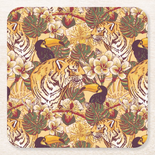Tropisk blommönster med tigern underlägg papper kvadrat (Framsidan)