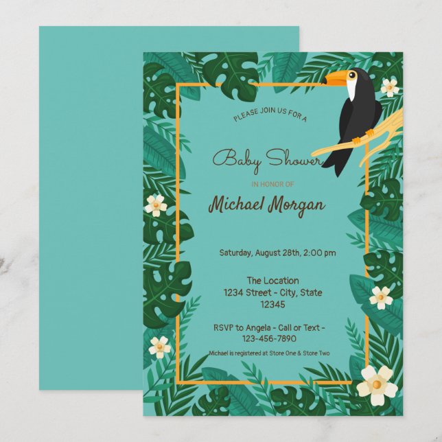 Tropisk blomster, djur baby shower inbjudningar (Fram/baksida)