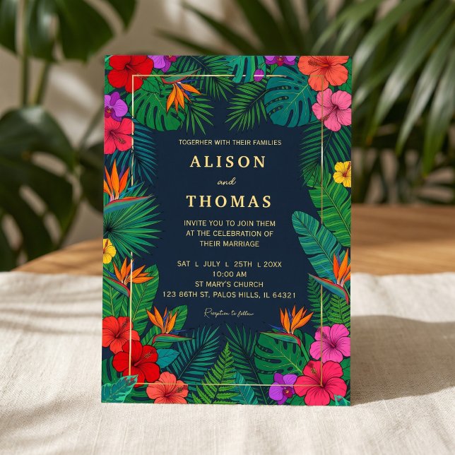 Tropisk blomsterdesign | Hibiskus & grönska Inbjudningar (#tropicalwedding #weddinginvitation #hibiscus #beachwedding #destinationwedding #floralinvitation )