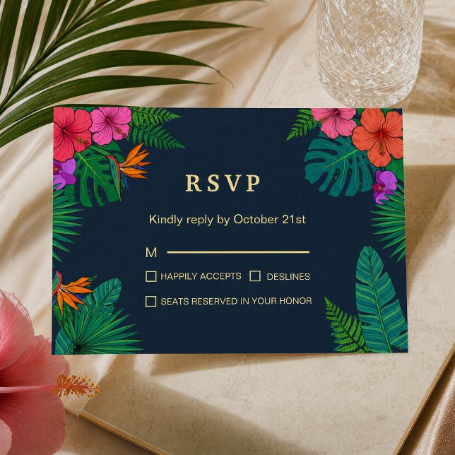 Tropisk blomsterdesign | Hibiskus & grönska OSA Kort (#weddingrsvp #tropicalrsvp #colorful #GreeneryRSVP)