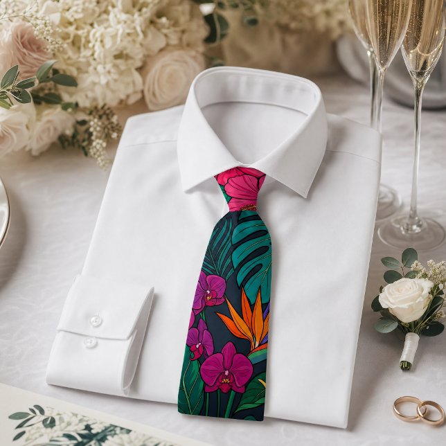 Tropisk blomsterdesign | Hibiskus & grönska Slips (weddingtie #tropicaltie #giftformen #giffordad #tropical #floraltie #greenerytie #summertie)