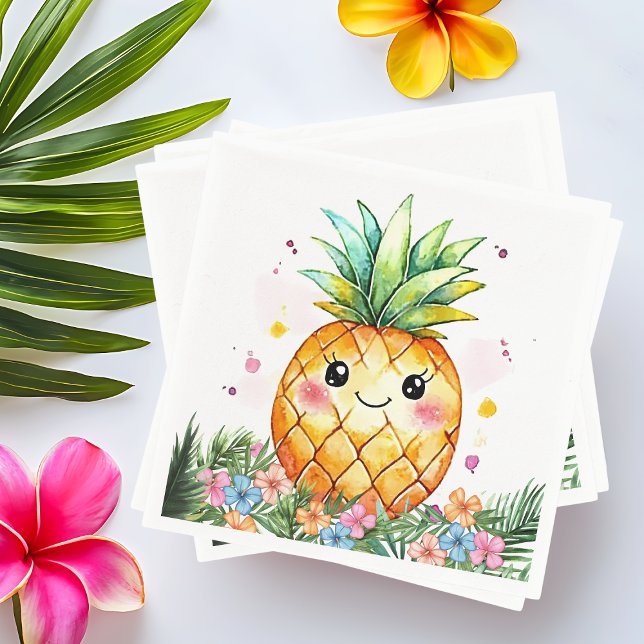 Tropisk blomsterfest med ananas för en glad födels pappersservett (Tropical Pineapple Floral Aloha Birthday Party Napkins)