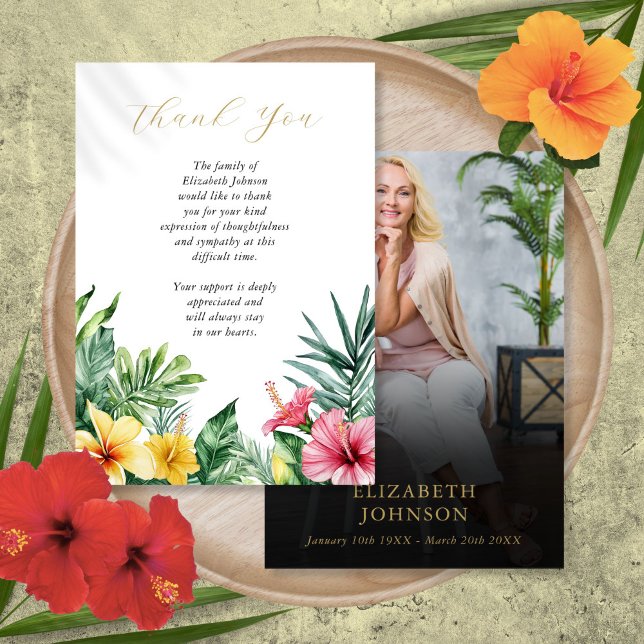 Tropisk blomsterfirande av livets begravningsfoto tack kort (Tropical Floral Celebration Of Life Funeral Photo Thank You Card)