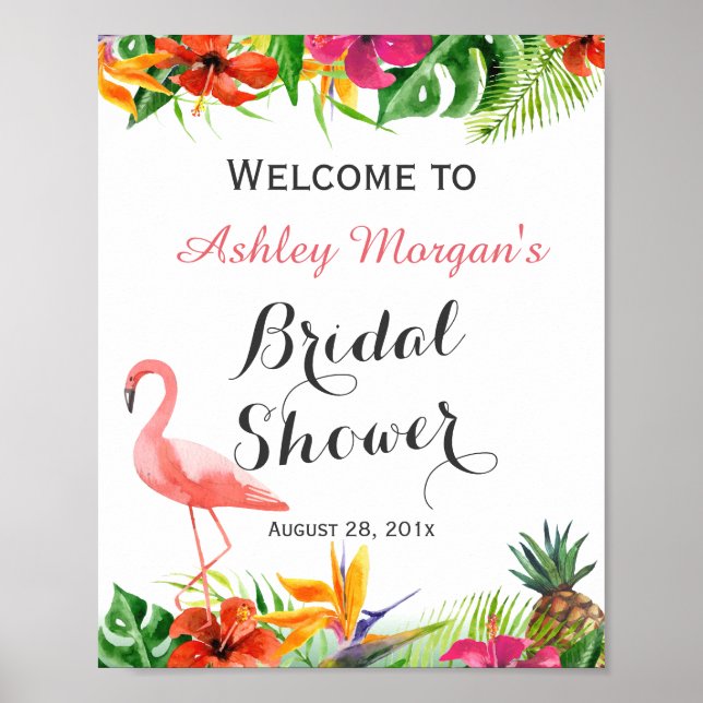 Tropisk blomsterflamingo Luau bröllopsduschskylt Poster (Framsidan)