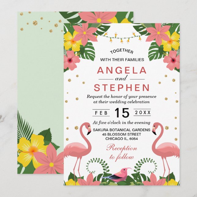 Tropisk blomsterflamingo sommarbröllop inbjudningar (Fram/baksida)