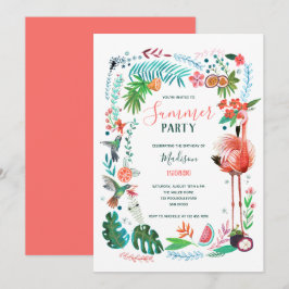 Tropisk blomstergrej Summer Flamingo Party  Inbjudningar