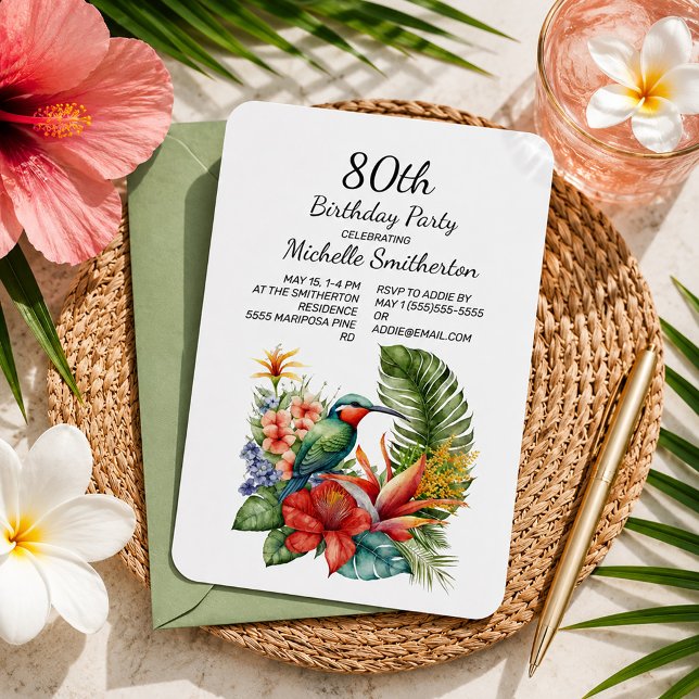 Tropisk blomsterkolibri 80-årsdag inbjudningar (Tropical hummingbird 80th birthday party invitation)