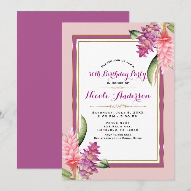 Tropisk blomsterorkidé lila rosa födelsedagsfest inbjudningar (Fram/baksida)