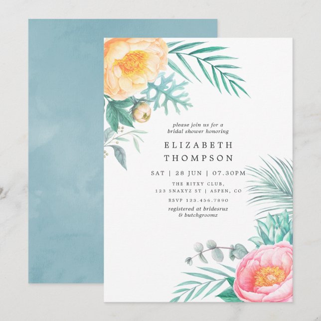Tropisk blomstertid sommar bröllopsdusch inbjudningar (Fram/baksida)