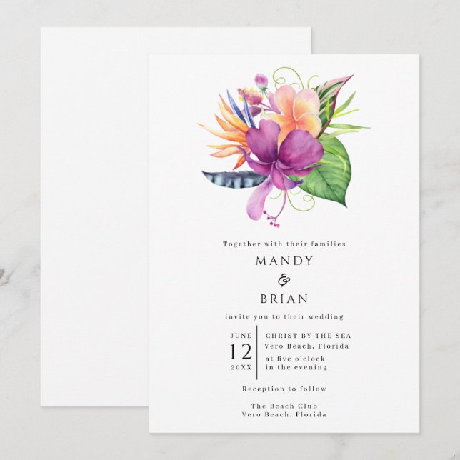 Tropisk blomstrand ö-wedding inbjudningar (Fram/baksida)