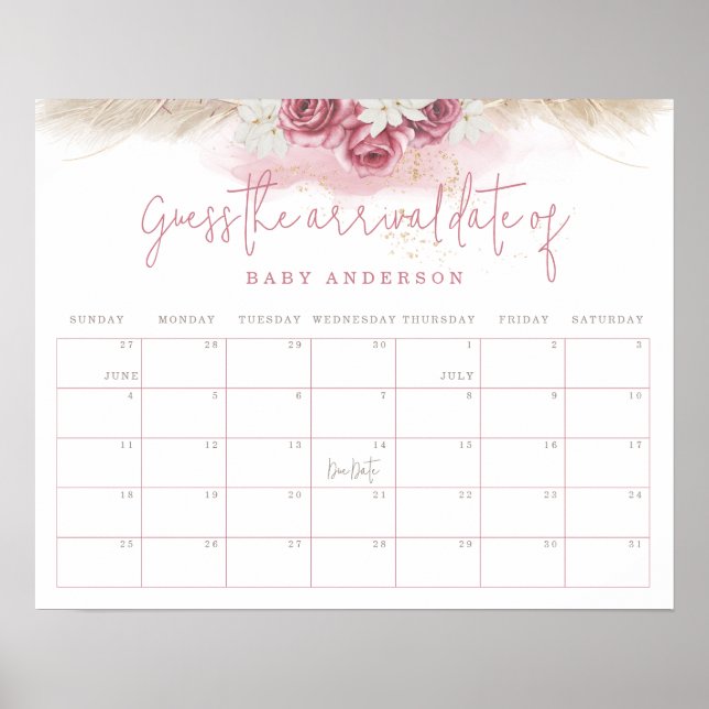 Tropisk Boho Baby Shower Gissa Ankomst Datum Poster (Framsidan)