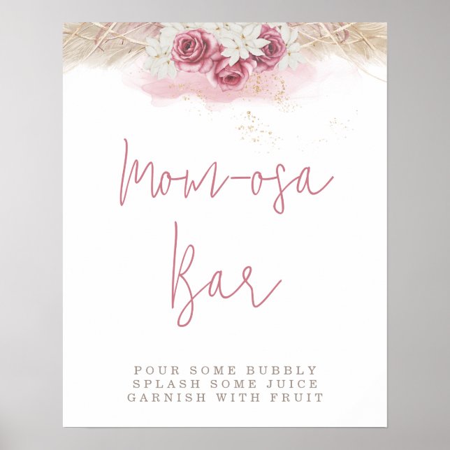 Tropisk Boho Rosa Rosor Baby Shower Momosa Bar Poster (Framsidan)
