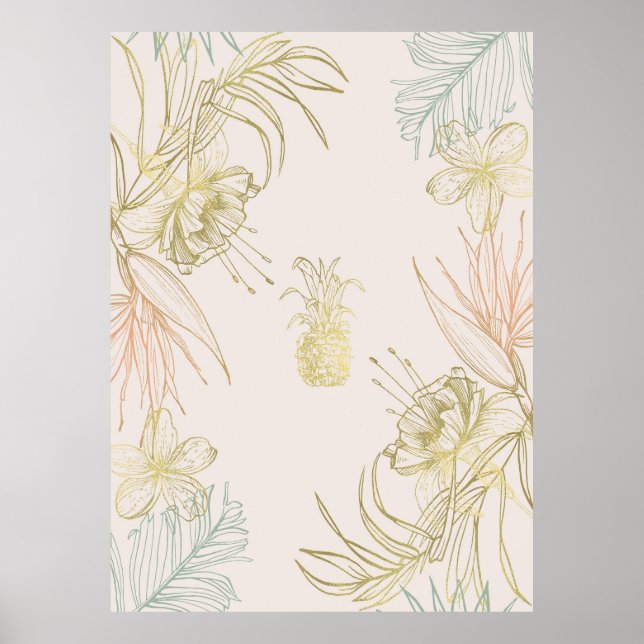 Tropisk botanisk blomsterlig ananasguldrodnad poster (Framsidan)