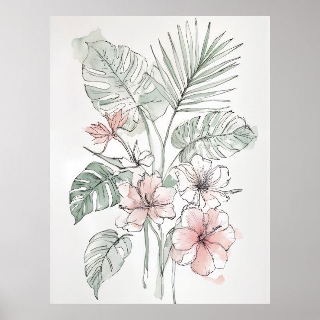 Tropisk botanisk linjekonst Väggtryck Poster (Framsidan)
