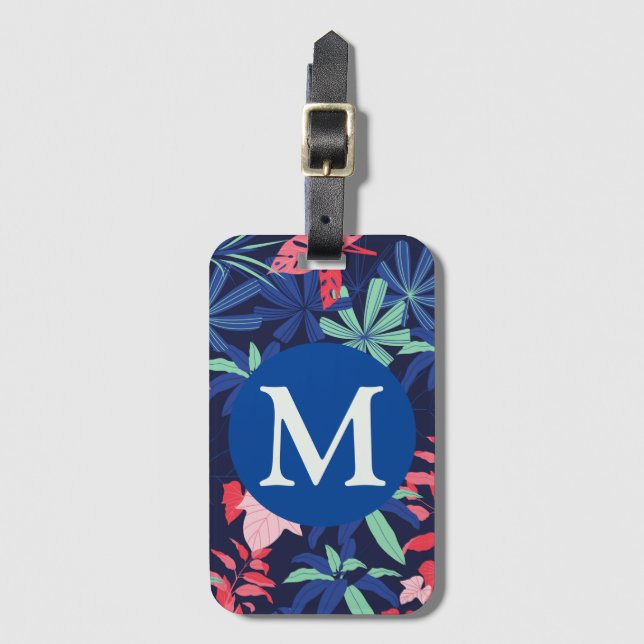 Tropisk botanisk mörkblå monogram bagagebricka (Framsida vertikal)