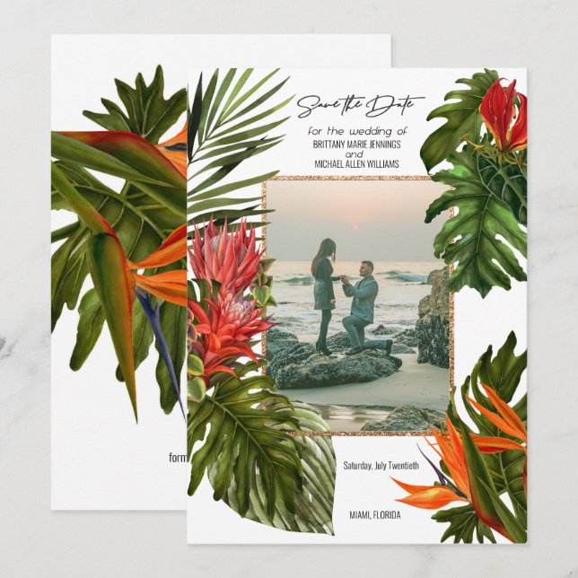 Tropisk Bris Frodig Botanisk Bild Spara Datum Inbjudningar (Fram/baksida)