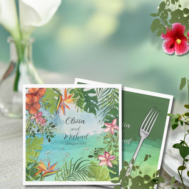 Tropisk Bröllop  Akvarell Hibiskus Palm Grön Pappersservett (Tropical Wedding Watercolor Hibiscus Palm Green Napkins)