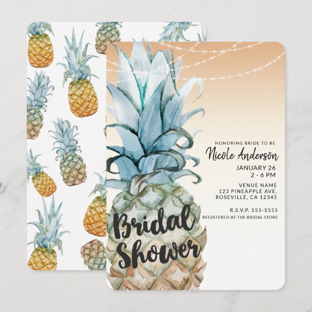 Tropisk Bröllopsdusch med Ananas & Ljusslinga Inbjudningar (Fram/baksida)