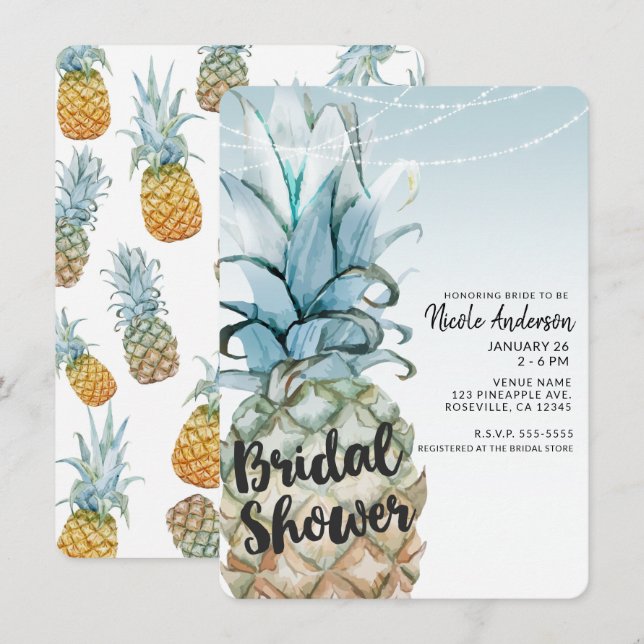 Tropisk Bröllopsdusch med Ananas & Ljusslinga Inbjudningar (Fram/baksida)