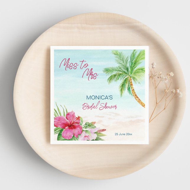 Tropisk bröllopsfest för sommaren strand tryckt pappersservett (Summer beach tropical bridal shower printed napkins personalized tableware pink hibiscus palm tree)