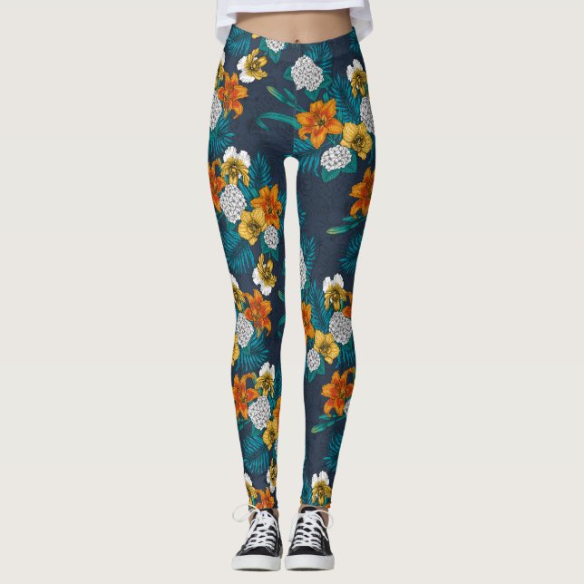 Tropisk bukett i blått leggings (Framsida)