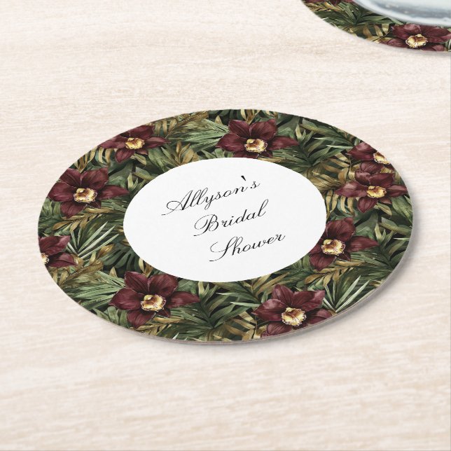 Tropisk Burgundy Röd Orkidé Blommig Bröllopsdusch Underlägg Papper Rund (Vinklad)